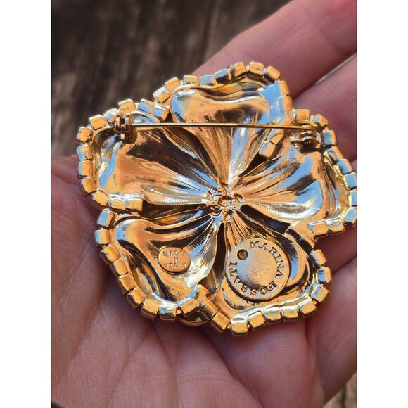 Gold Tone & Swarovski Crystal Marina Fossati Flower Brooch Made in Italy - Picture 7 of 7